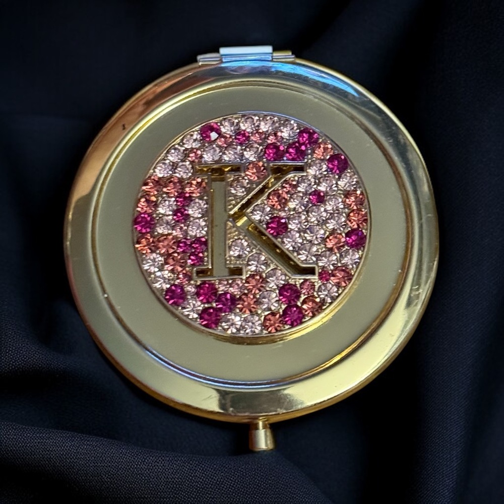 Bejeweled gold tone initial letter K compact mirror
